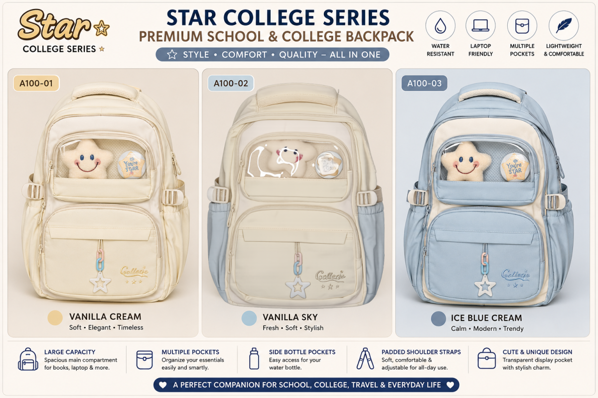 Star College Series Backpack – Transparent Pocket, Water Resistant School & College Bag | AroWa Mart